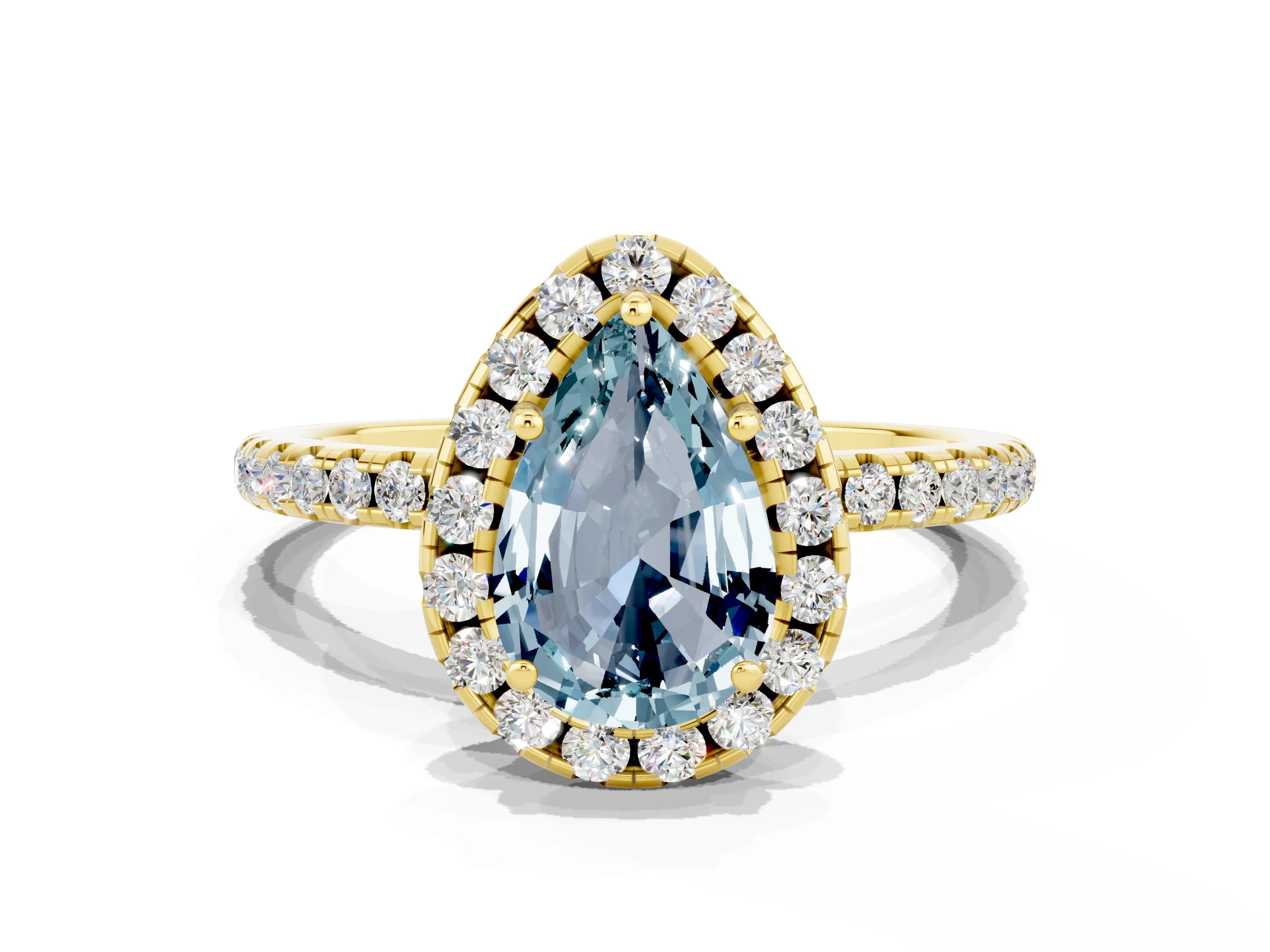 Yellow gold Pear Cut Cut Diamond Floral Halo Engagement Ring with Pavé Band and Prong Setting