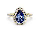 Yellow gold Pear Cut Cut Diamond Floral Halo Engagement Ring with Pavé Band and Prong Setting