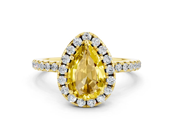 Yellow gold Pear Cut Yellow Sapphire Halo Engagement Ring with Round Pavé Band and Prong Setting