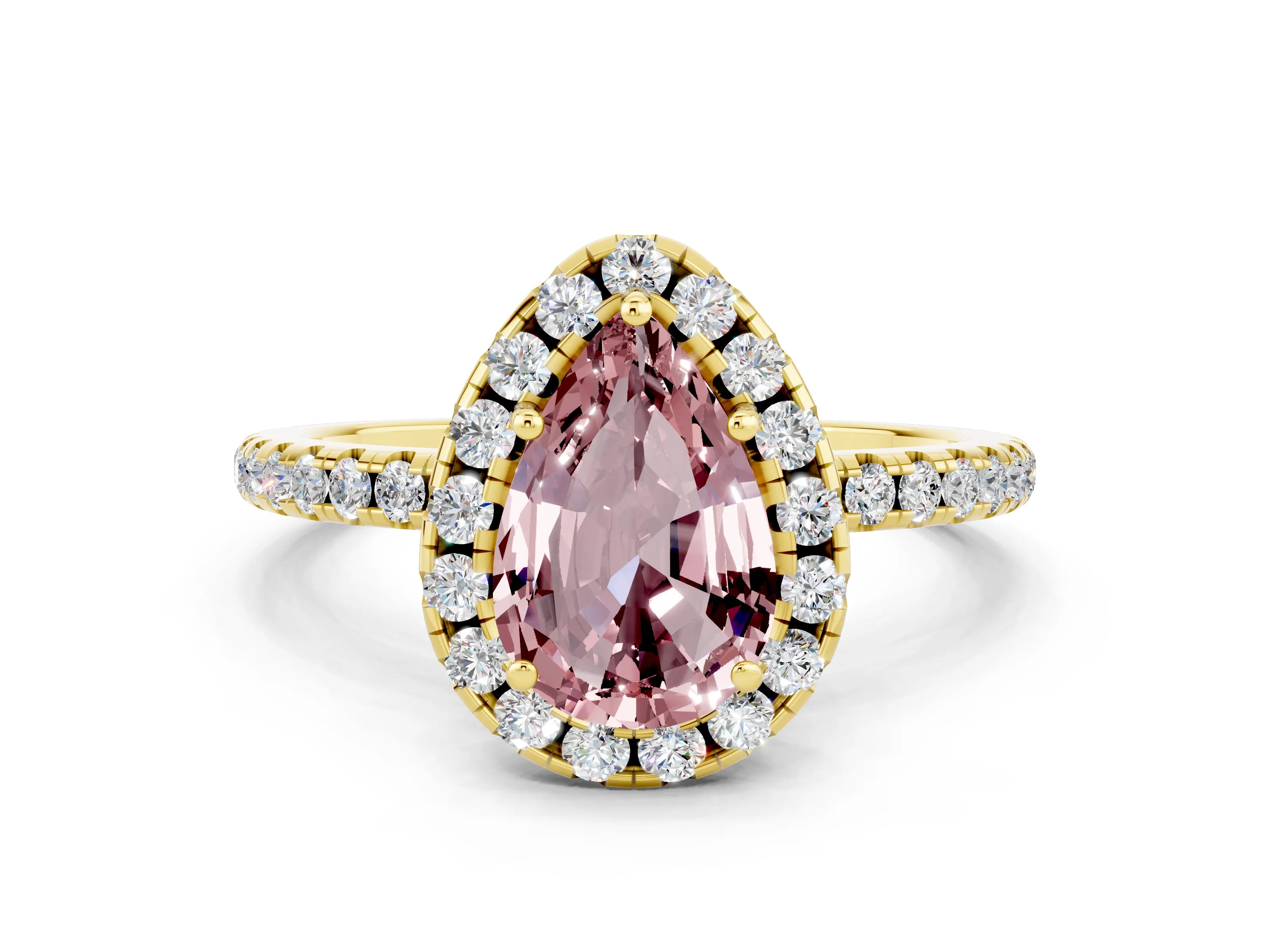 Yellow gold Pear Cut Cut Diamond Floral Halo Engagement Ring with Pavé Band and Prong Setting