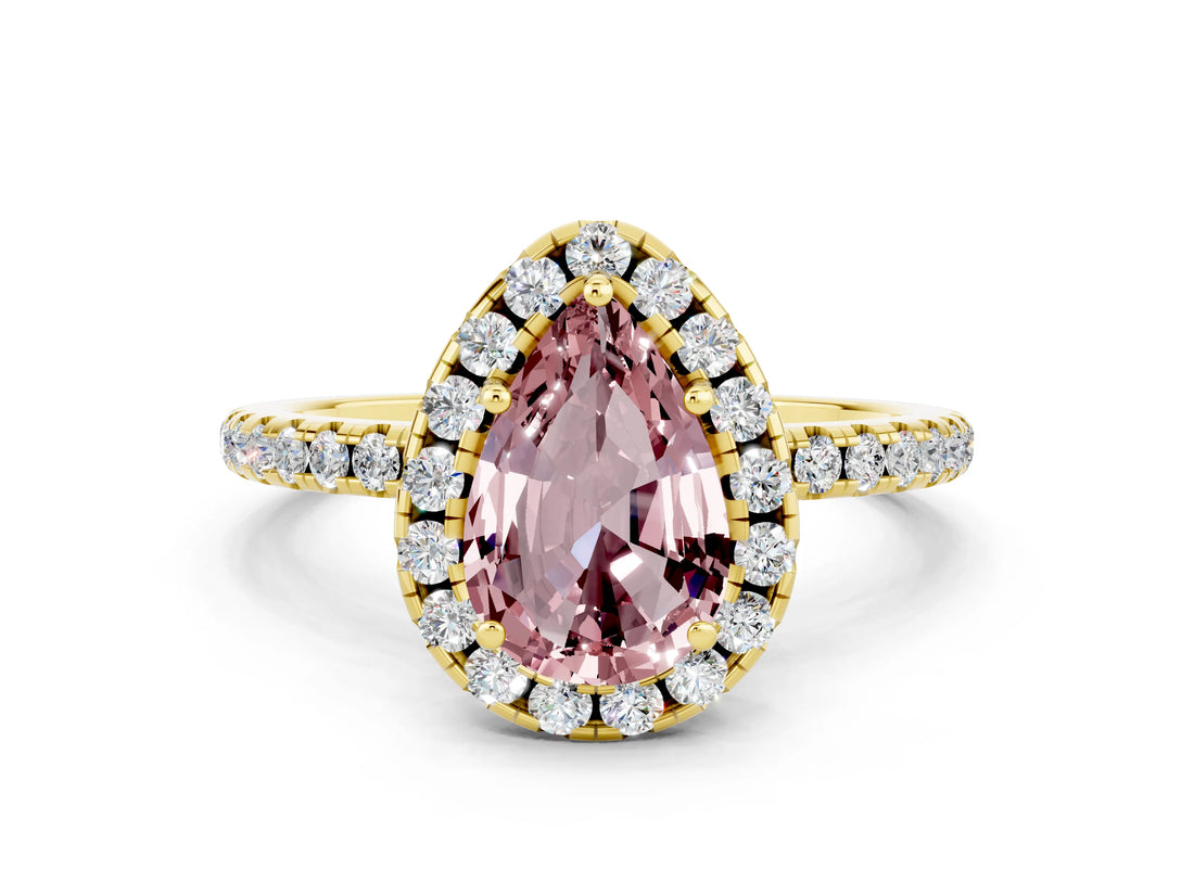 Yellow gold Pear Cut Cut Diamond Floral Halo Engagement Ring with Pavé Band and Prong Setting