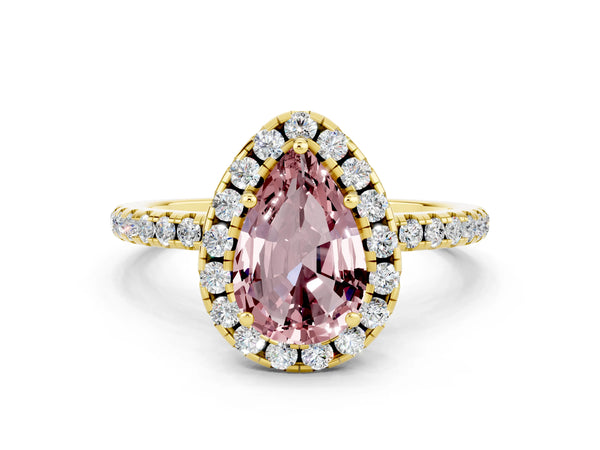 Yellow gold Pear Cut Cut Diamond Floral Halo Engagement Ring with Pavé Band and Prong Setting