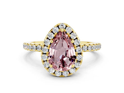 Yellow gold Pear Cut Cut Diamond Floral Halo Engagement Ring with Pavé Band and Prong Setting