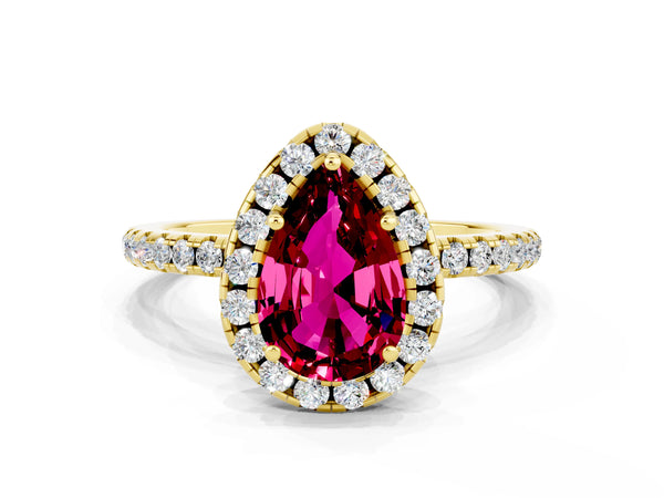 Yellow gold Pear Cut Garnet Halo Engagement Ring with Round Pavé Band and Prong Setting