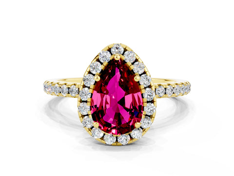 Yellow gold Pear Cut Cut Diamond Floral Halo Engagement Ring with Pavé Band and Prong Setting