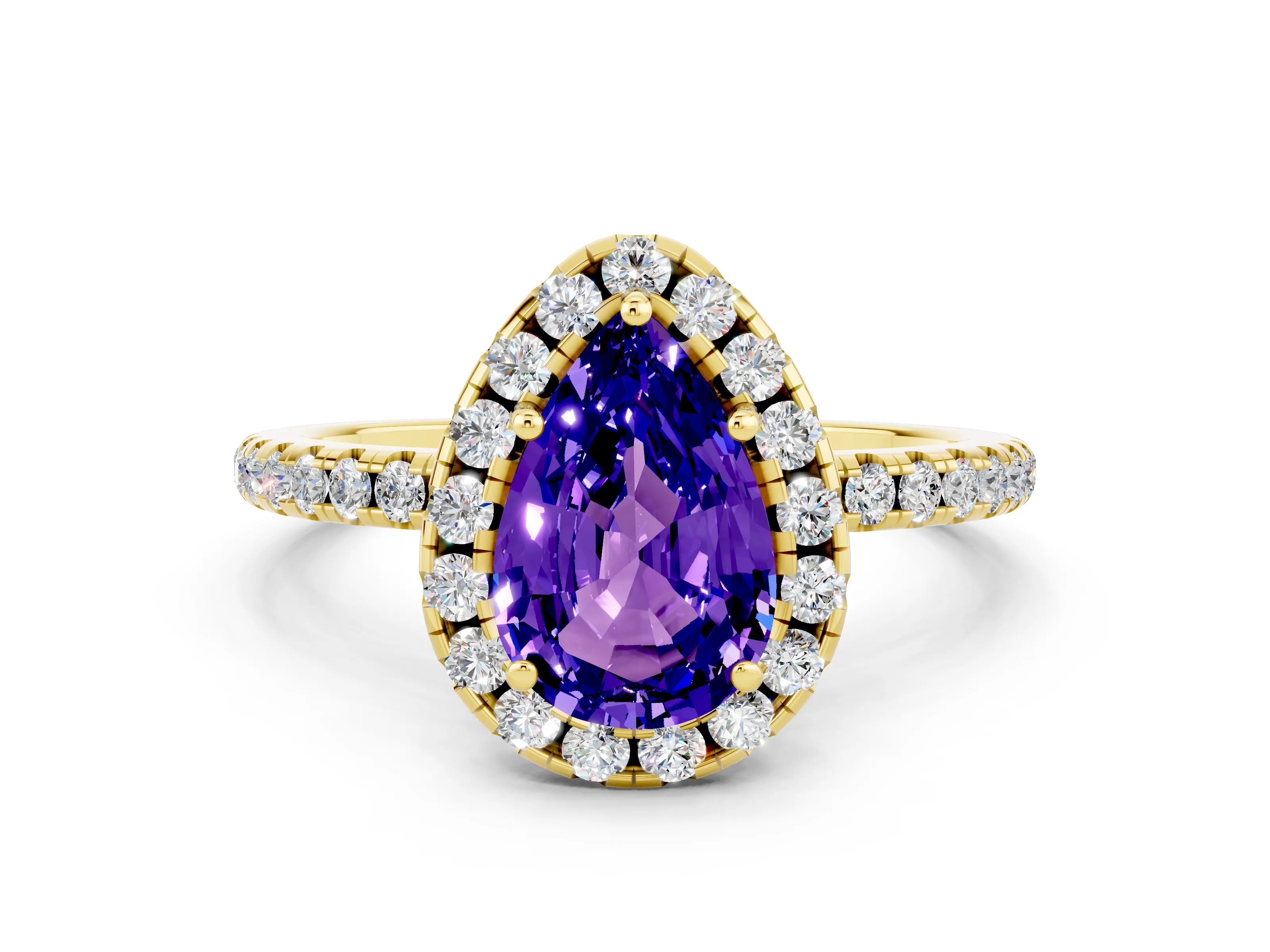 Yellow gold Pear Cut Cut Diamond Floral Halo Engagement Ring with Pavé Band and Prong Setting
