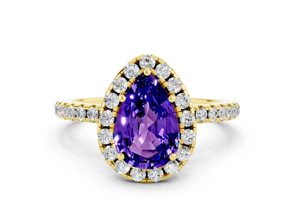 Yellow gold Pear Cut Tanzanite Halo Engagement Ring with Round Pavé Band and Prong Setting