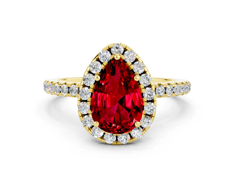 Yellow gold Pear Cut Cut Diamond Floral Halo Engagement Ring with Pavé Band and Prong Setting