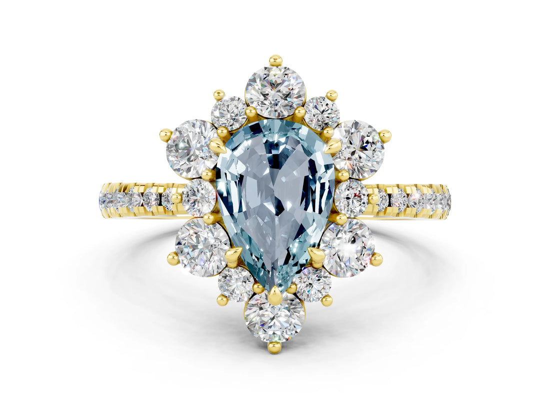 Yellow gold Pear Cut Cut Diamond Floral Halo Pave Band with Prong Setting