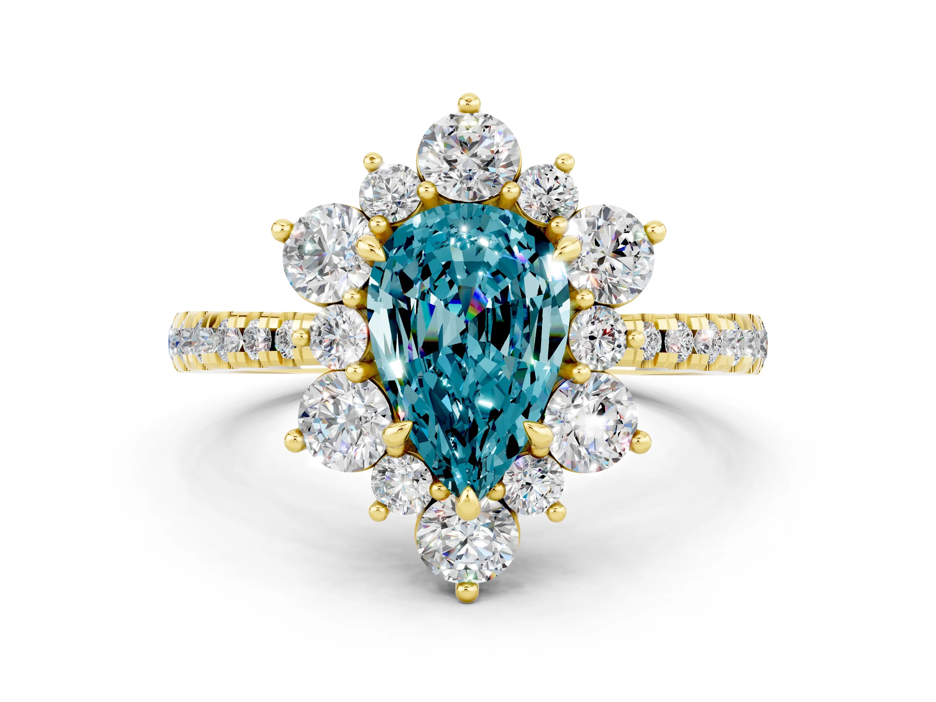 Yellow gold Pear Cut Cut Diamond Floral Halo Pave Band with Prong Setting