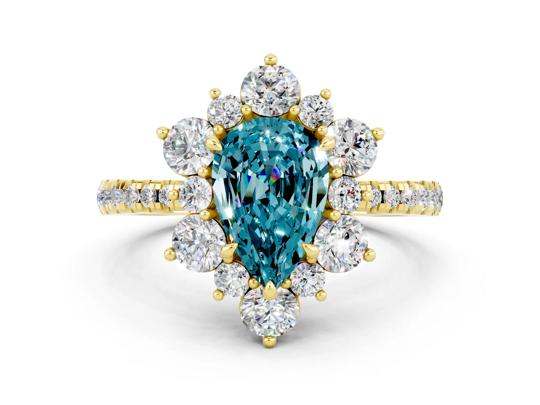 Yellow gold Pear Cut Cut Diamond Floral Halo Pave Band with Prong Setting