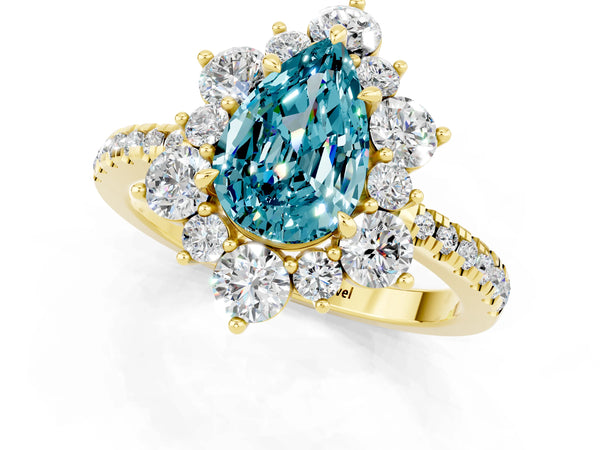 Yellow gold Pear Cut Cut Diamond Floral Halo Pave Band with Prong Setting