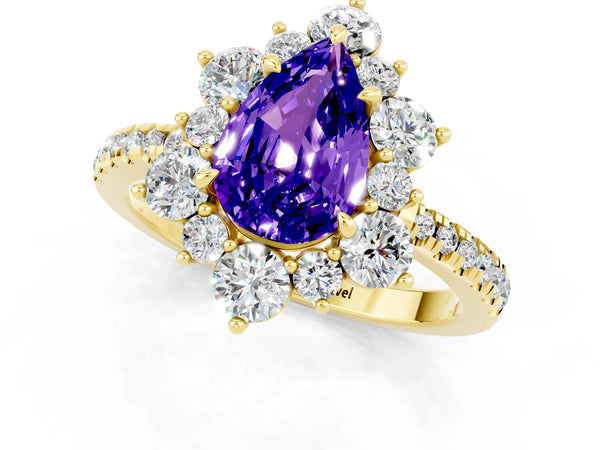 Yellow gold Pear Cut Tanzanite Floral Halo Ring with Round Pavé Band and Prong Setting