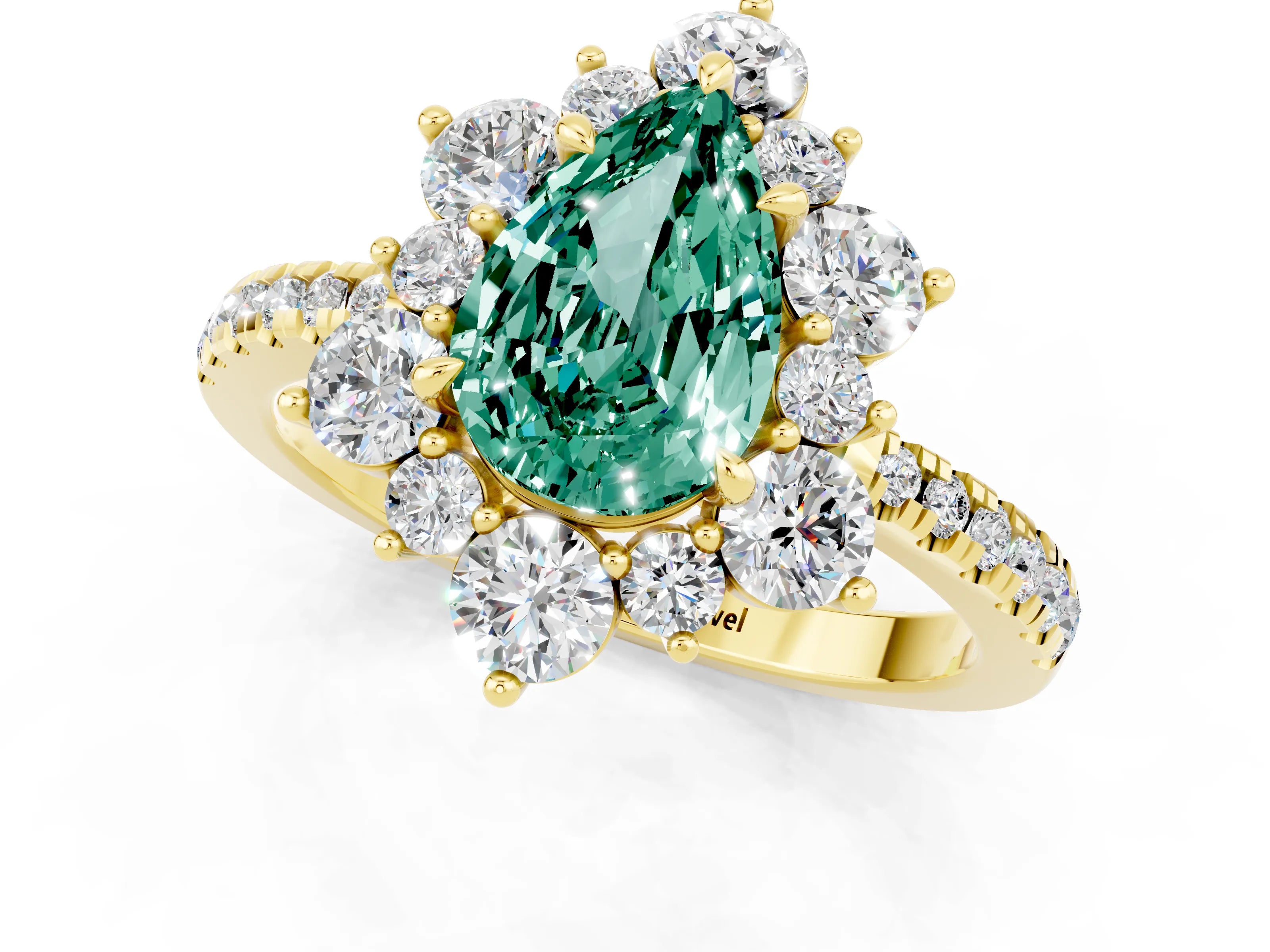 Yellow gold Pear Cut Cut Diamond Floral Halo Pave Band with Prong Setting_1