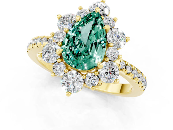 Yellow gold Pear Cut Green Sapphire Floral Halo Ring with Round Pavé Band and Prong Setting