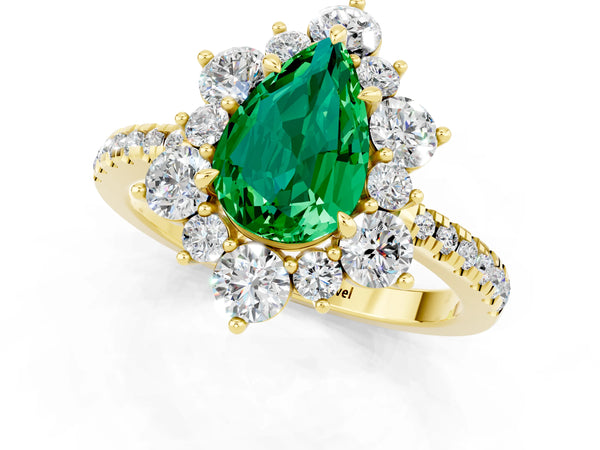 Yellow gold Pear Cut Emerald Floral Halo Ring with Round Pavé Band and Prong Setting