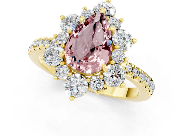 Yellow gold Pear Cut Cut Diamond Floral Halo Pave Band with Prong Setting