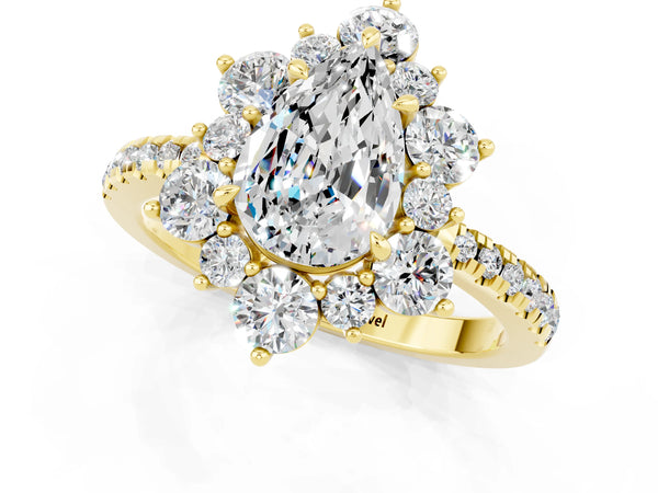 Yellow gold Pear Cut Moissanite Floral Halo Ring with Round Pavé Band and Prong Setting
