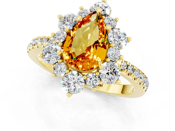 Yellow gold Pear Cut Citrine Floral Halo Ring with Round Pavé Band and Prong Setting