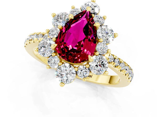 Yellow gold Pear Cut Garnet Floral Halo Ring with Round Pavé Band and Prong Setting
