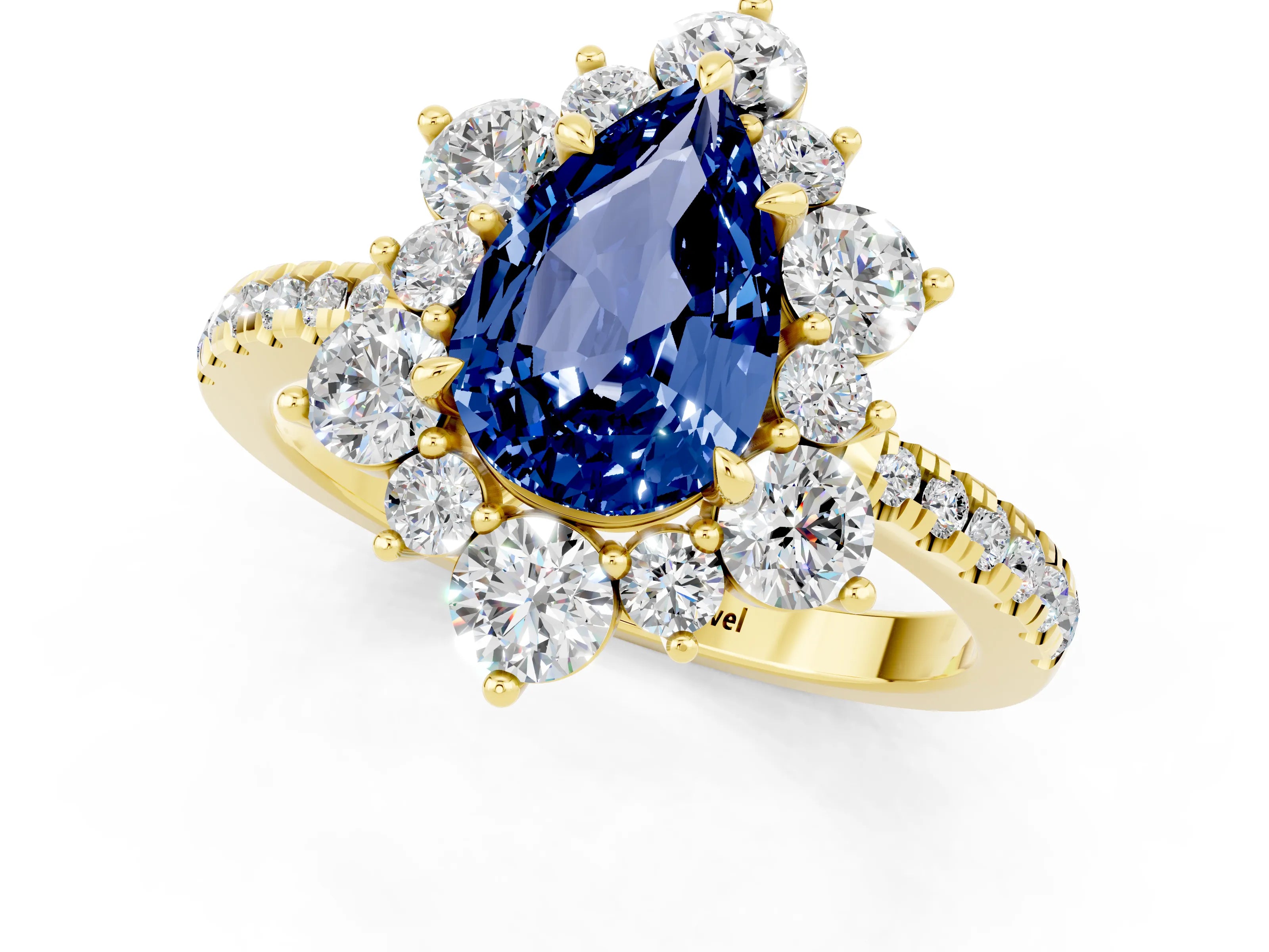 Yellow gold Pear Cut Cut Diamond Floral Halo Pave Band with Prong Setting_1