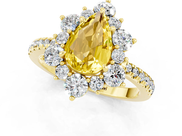 Yellow gold Pear Cut Yellow Sapphire Floral Halo Ring with Round Pavé Band and Prong Setting