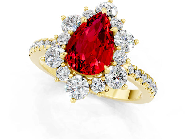 Yellow gold Pear Cut Ruby Floral Halo Ring with Round Pavé Band and Prong Setting