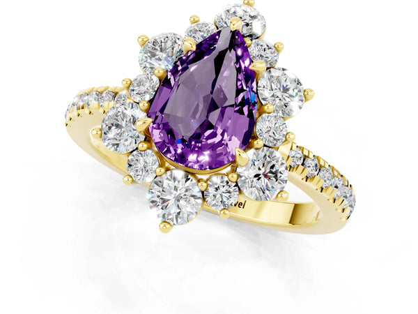 Yellow gold Pear Cut Amethyst Floral Halo Ring with Round Pavé Band and Prong Setting