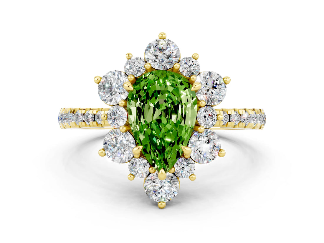 Yellow gold Pear Cut Cut Diamond Floral Halo Pave Band with Prong Setting