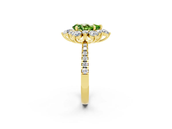 Yellow gold Pear Cut Cut Diamond Floral Halo Pave Band with Prong Setting