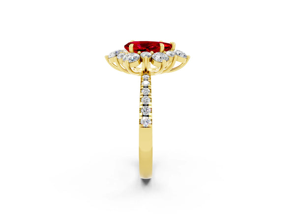 Yellow gold Pear Cut Ruby Floral Halo Ring with Round Pavé Band and Prong Setting