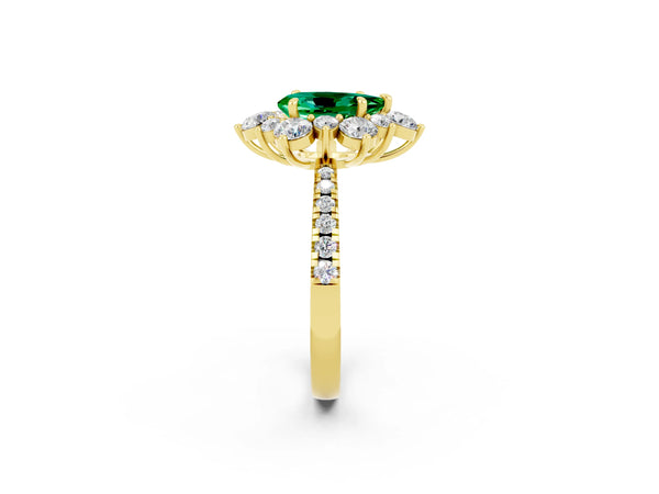 Yellow gold Pear Cut Emerald Floral Halo Ring with Round Pavé Band and Prong Setting