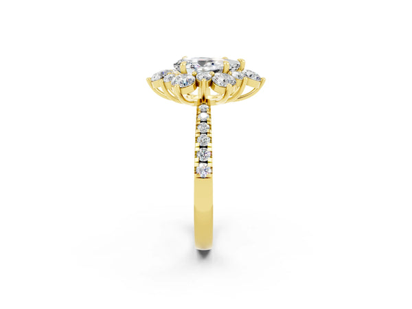 Yellow gold Pear Cut Moissanite Floral Halo Ring with Round Pavé Band and Prong Setting