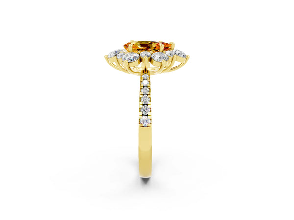 Yellow gold Pear Cut Citrine Floral Halo Ring with Round Pavé Band and Prong Setting