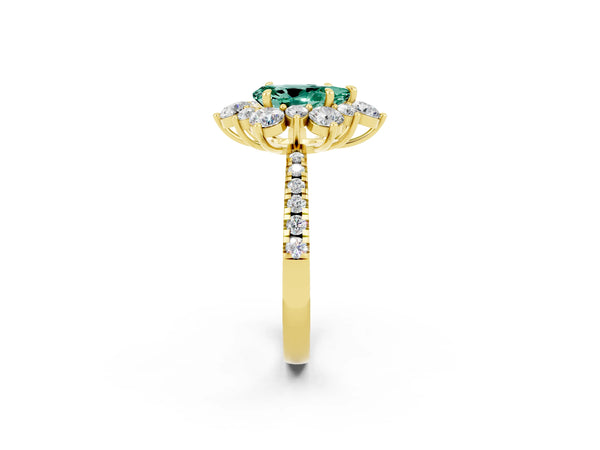 Yellow gold Pear Cut Green Sapphire Floral Halo Ring with Round Pavé Band and Prong Setting