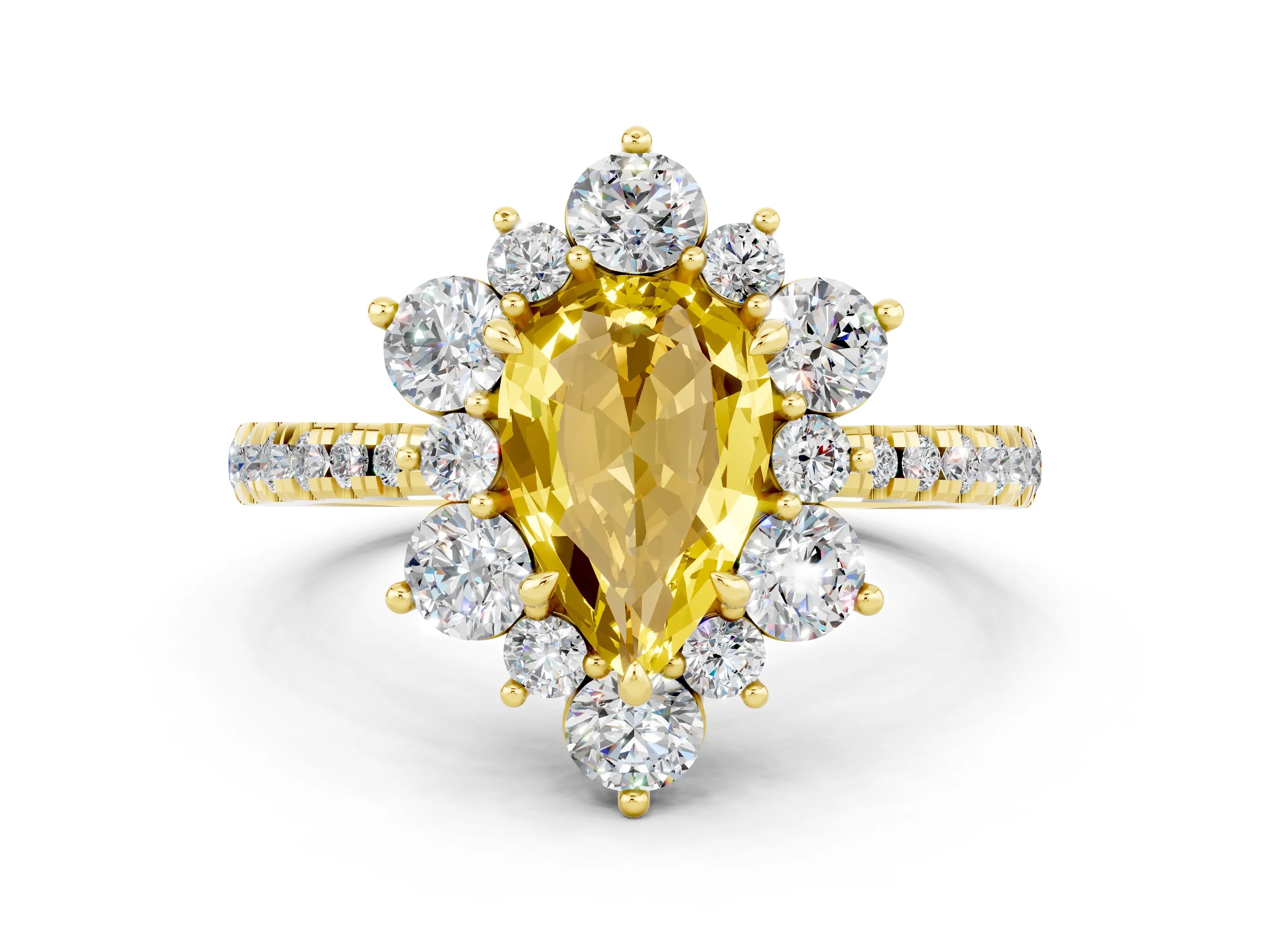 Yellow gold Pear Cut Cut Diamond Floral Halo Pave Band with Prong Setting