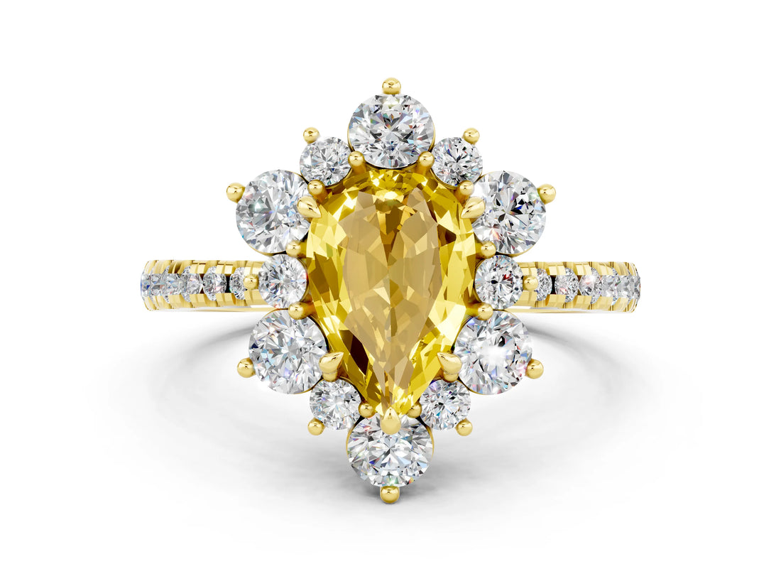 Yellow gold Pear Cut Cut Diamond Floral Halo Pave Band with Prong Setting