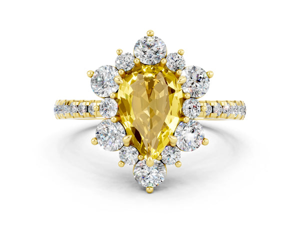 Yellow gold Pear Cut Yellow Sapphire Floral Halo Ring with Round Pavé Band and Prong Setting