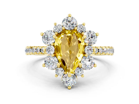 Yellow gold Pear Cut Cut Diamond Floral Halo Pave Band with Prong Setting