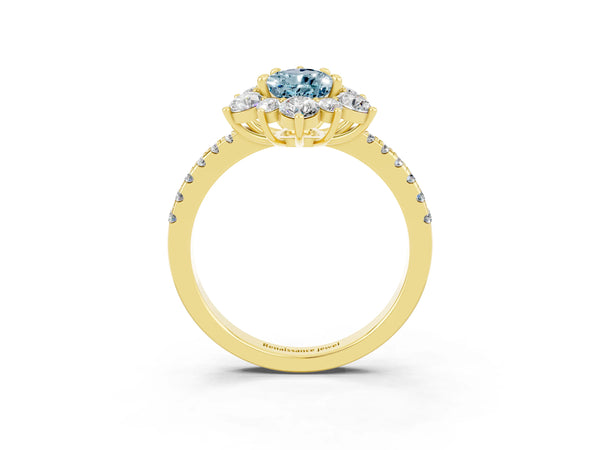Yellow Gold Pear-Shaped Aquamarine Star Floral Halo Engagement Ring with Pave Band