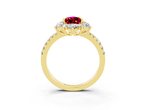 Yellow gold Pear Cut Garnet Floral Halo Ring with Round Pavé Band and Prong Setting