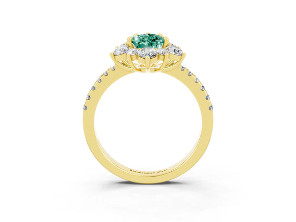 Yellow gold Pear Cut Green Sapphire Floral Halo Ring with Round Pavé Band and Prong Setting