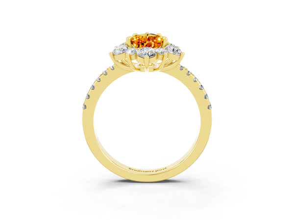 Yellow gold Pear Cut Citrine Floral Halo Ring with Round Pavé Band and Prong Setting