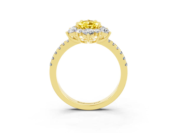 Yellow gold Pear Cut Yellow Sapphire Floral Halo Ring with Round Pavé Band and Prong Setting