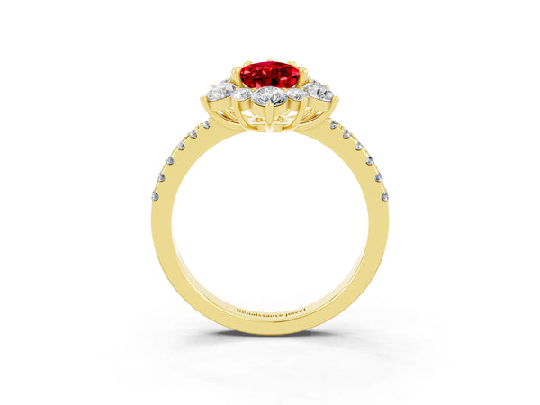 Yellow gold Pear Cut Ruby Floral Halo Ring with Round Pavé Band and Prong Setting