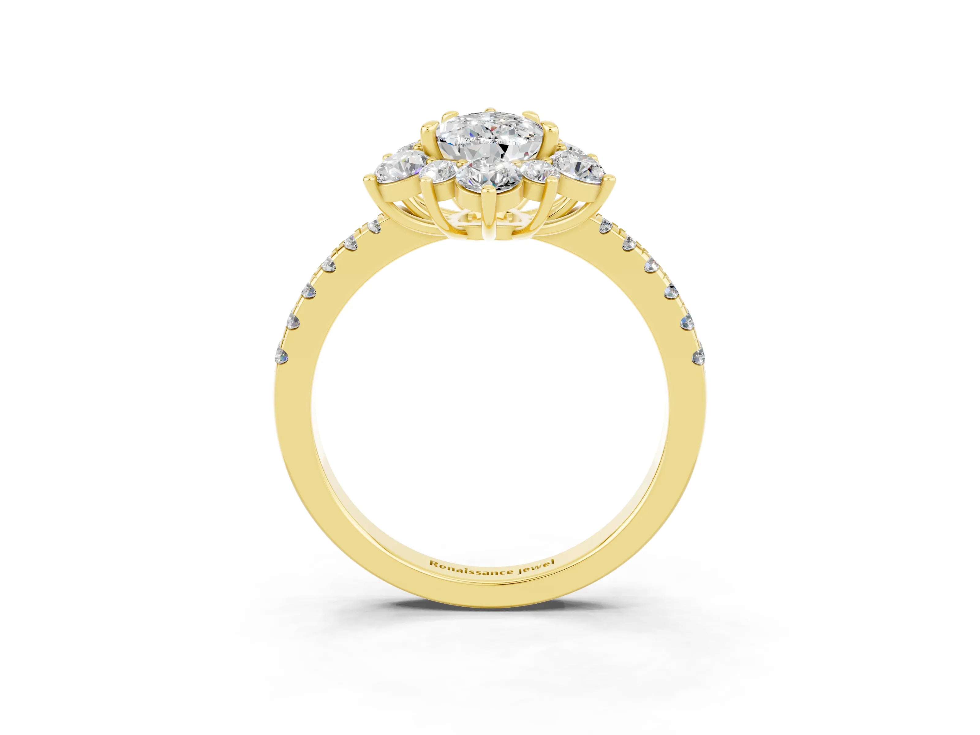 Yellow gold Pear Cut Cut Diamond Floral Halo Pave Band with Prong Setting_3