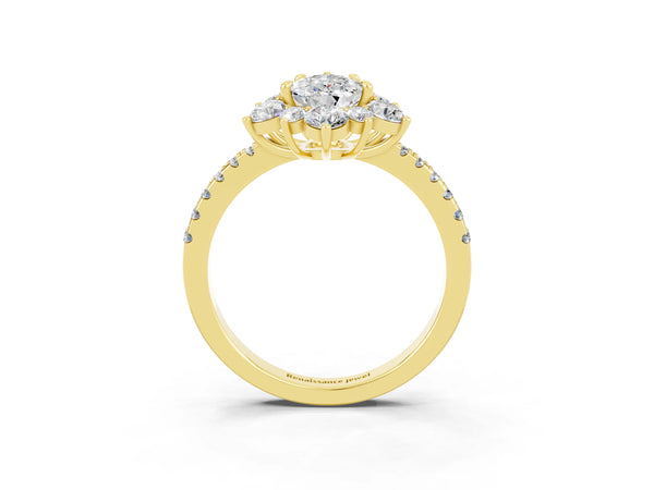Yellow gold Pear Cut Moissanite Floral Halo Ring with Round Pavé Band and Prong Setting