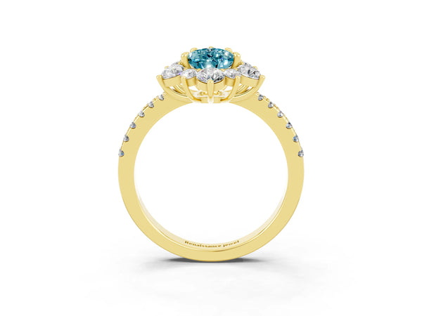 Yellow gold Pear Cut Cut Diamond Floral Halo Pave Band with Prong Setting