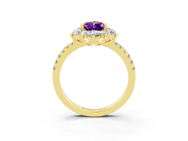 Yellow gold Pear Cut Amethyst Floral Halo Ring with Round Pavé Band and Prong Setting