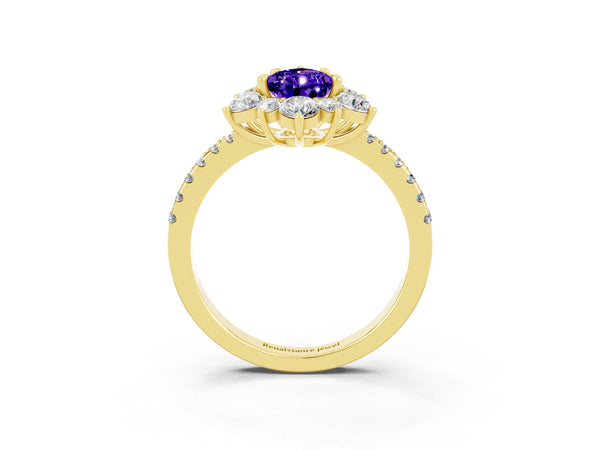 Yellow gold Pear Cut Tanzanite Floral Halo Ring with Round Pavé Band and Prong Setting